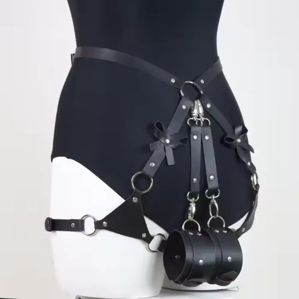 arnés de muslos - cuerina - moñitos - jockstrap - levanta glúteos - muñequeras - argollas metálicas - sumisión - dominación - BDSM - fetiche - fantasía - juego de rol - sexshop - dominame