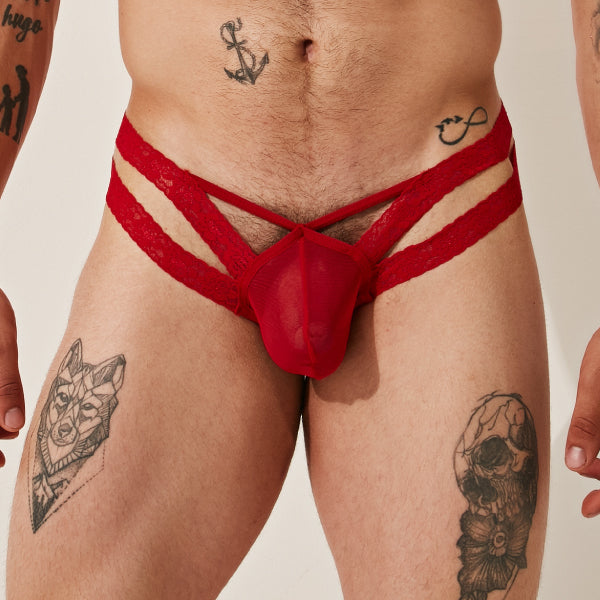 Bikini Lace Fabric - Rojo - lenceria sexy hombre - encaje - ropa intima de malla hombre - calzoncillo