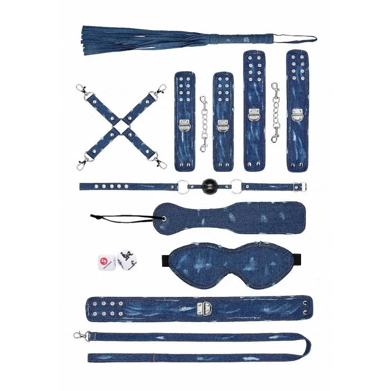 Kit de bondage Denim de Ouch - esposas - tobilleras - latigo - bondage - kynk - Sexshop Dominame.cl