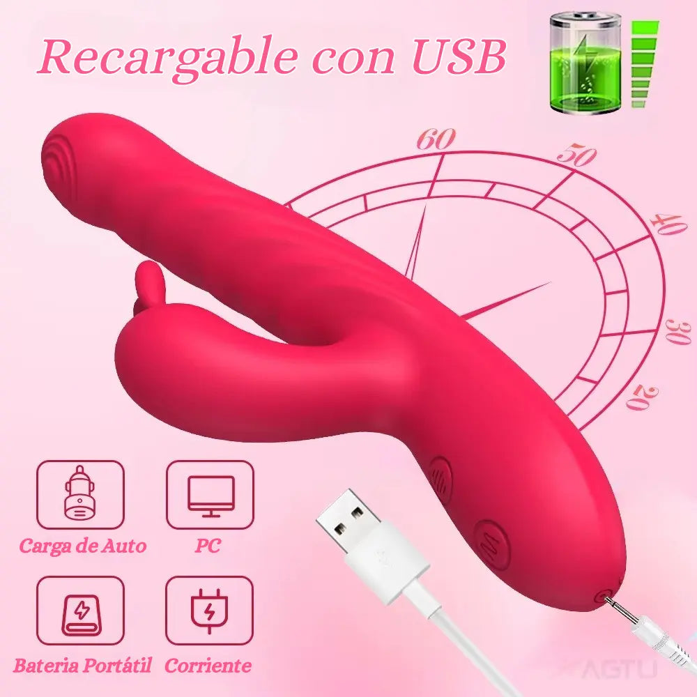 Vibrador dual - punto g - clitoris - placer doble - juguete vibrador - movimiento penetrante - juguete sexual - juguete vaginal - recargable - usb - resistente al agua - vibrador potente - texturizado - squirt - orgasmo doble - multiorgasmo - sexshop - dominame