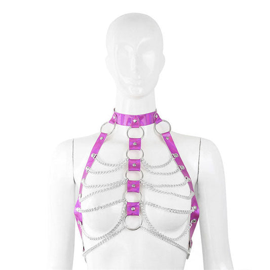arnes - harness- harnes - brillante - cadenas - bdsm - rosado - plateado - brillante - dominame.cl - sexshop - estetico - femenino - pecho
