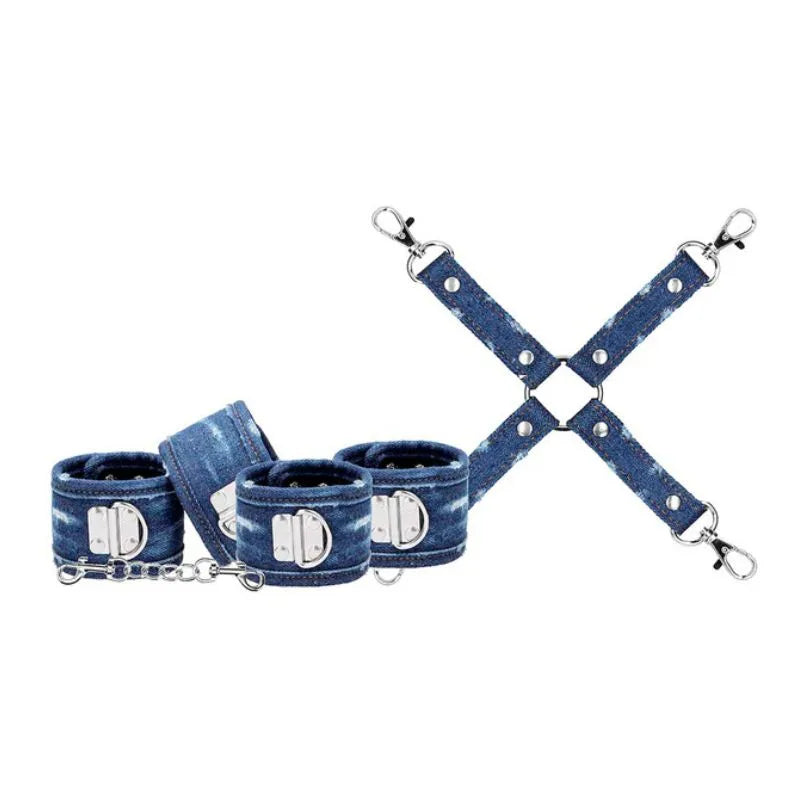 Kit de bondage Denim de Ouch - esposas - tobilleras - latigo - bondage - kynk - Sexshop Dominame.cl