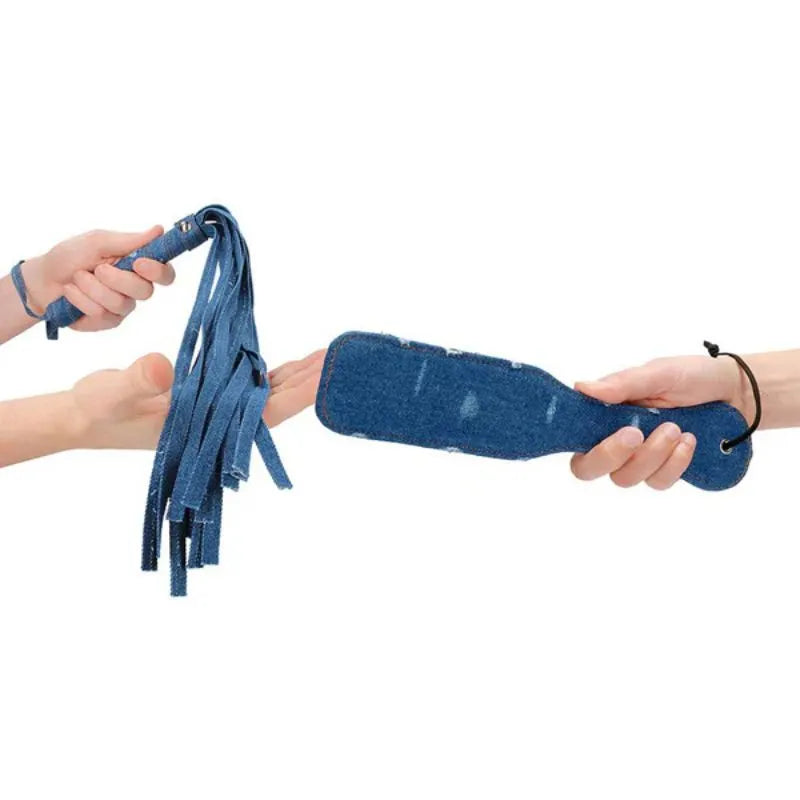 Kit de bondage Denim de Ouch - esposas - tobilleras - latigo - bondage - kynk - Sexshop Dominame.cl