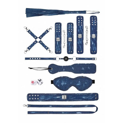 Kit de bondage Denim de Ouch - esposas - tobilleras - latigo - bondage - kynk - Sexshop Dominame.cl