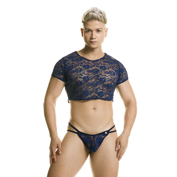 Redmotion Blue Crop Top - Camiseta top - Top masculino - lenceria encaje para hombre